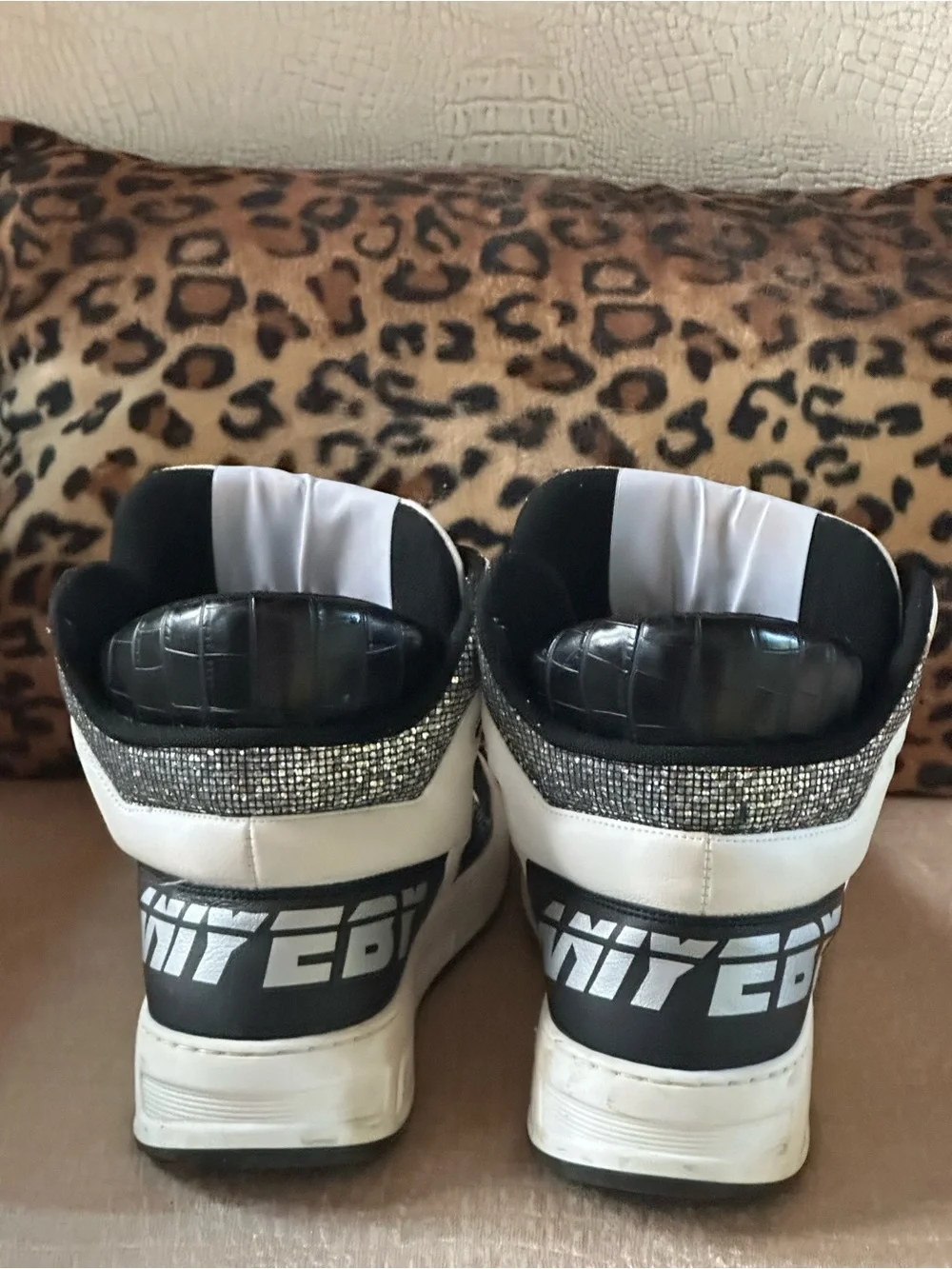 Aniyeby Baket White and Black Silver Sparkle High-Top Sneakers